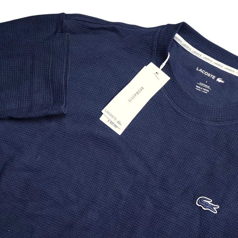 Lacoste Sleepwear Mens Large Blue Waffle Knit Thermal Long Sleeve Lounge Shirt